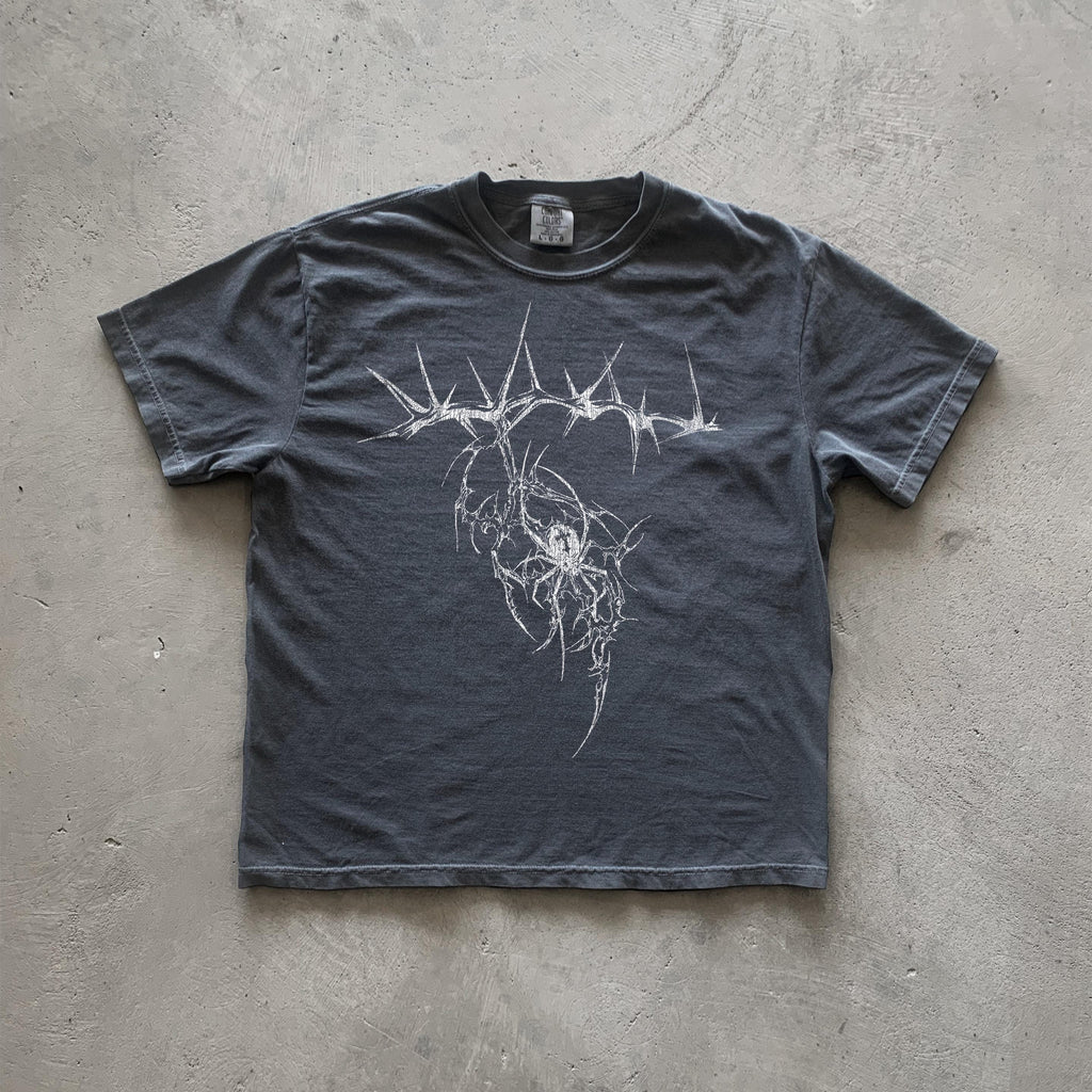 Dark gray cotton t-shirt featuring a graphic design of a spider encircled by thorns.