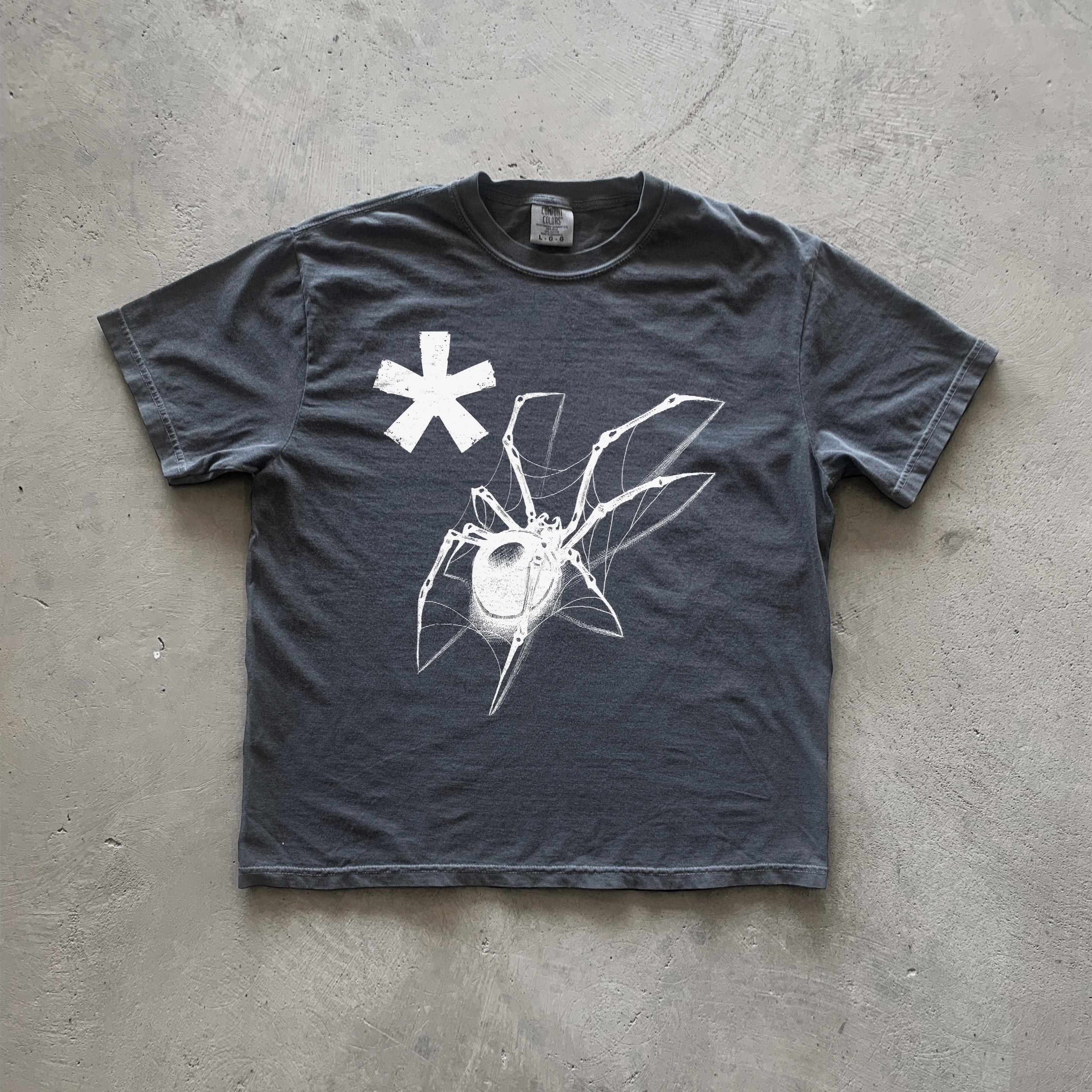 May include: Dark gray t-shirt featuring a graphic design of a spider with a web and an asterisk. The spider is depicted in white, and the asterisk is also white. The shirt appears to be made of a soft, comfortable fabric. The design is simple yet striking, making it a unique and stylish piece of clothing.